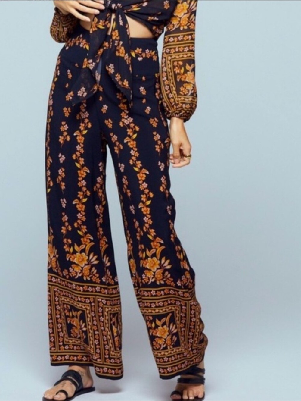 Band of Gypsies Black Wide-Leg Pants with Orange Floral Border Size 2X